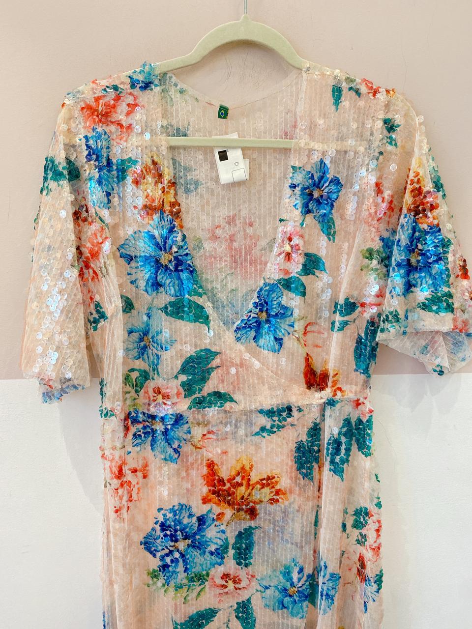 Vestido longo paetês flores Farm M - Imagem 4